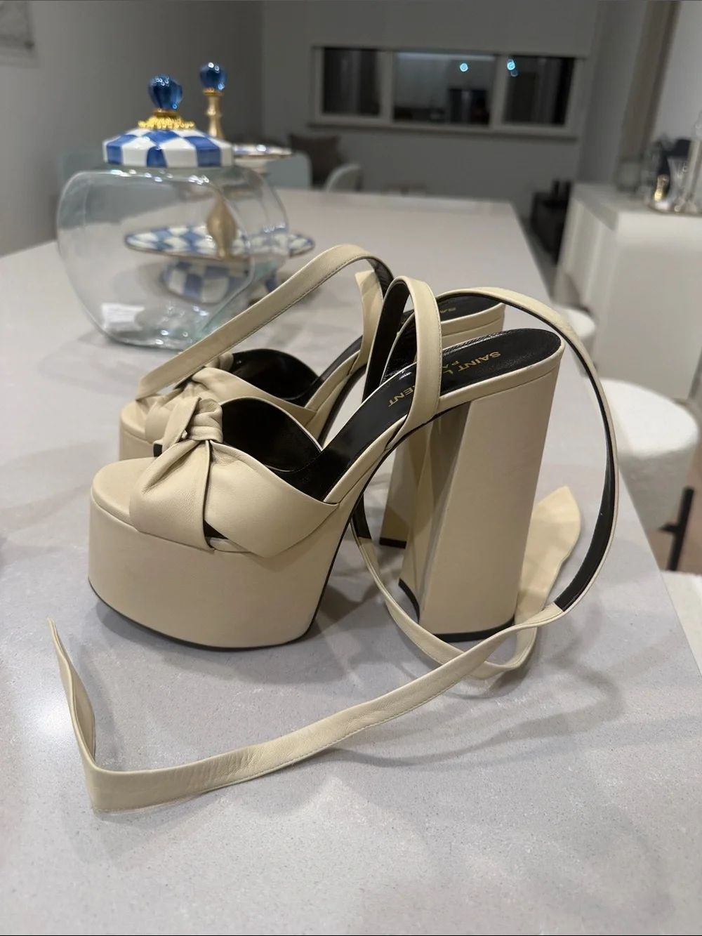Saint Laurent Cream Platform Block Heel Sandals with Tie Straps